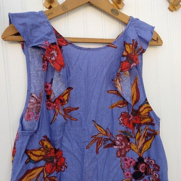 Free People Summer in Tulum Tunic Top Size S Blue Floral Linen Blend Flutter - Picture 3 of 9